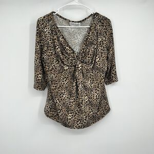 Womens VTG Animal Print Y2K Blouse L 3/4 Sleeves Vneck Cheetah Casual Rockabilly